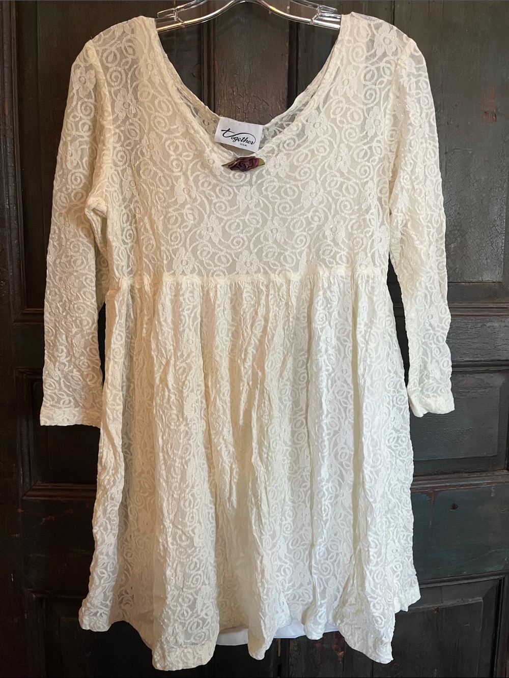 Vintage Together Cream Lace Long Sleeve Girls Casual Dress (or small adult)